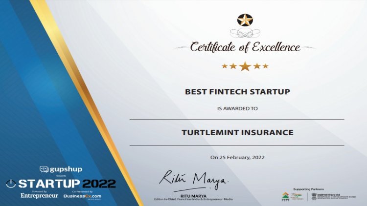 Turtlemint wins the “Best Fintech Startup” by Entrepreneur India at the Start up Awards 2022 Turtlemint wins the “Best Fintech Startup” by Entrepreneur India at the Start up Awards 2022